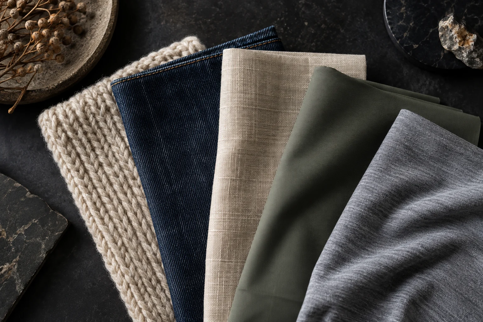 Wool, denim, linen and smooth technical fabric samples laid in a fan