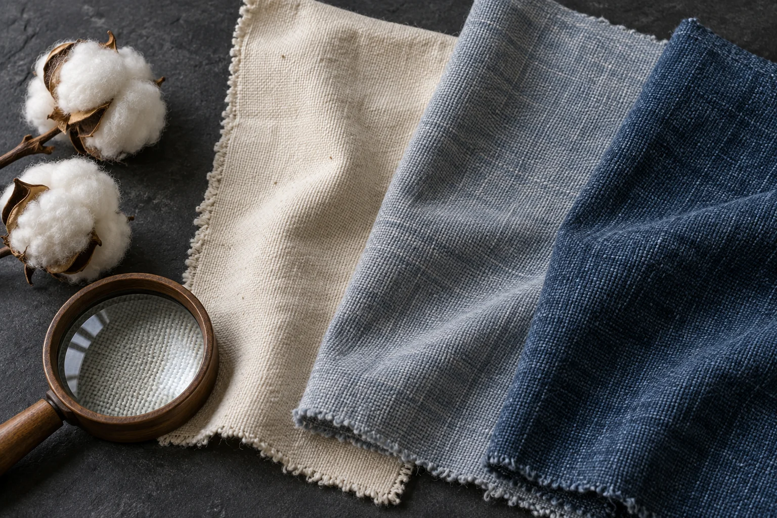 Cream, slate and indigo cotton swatches beside cotton bolls and a wooden magnifier