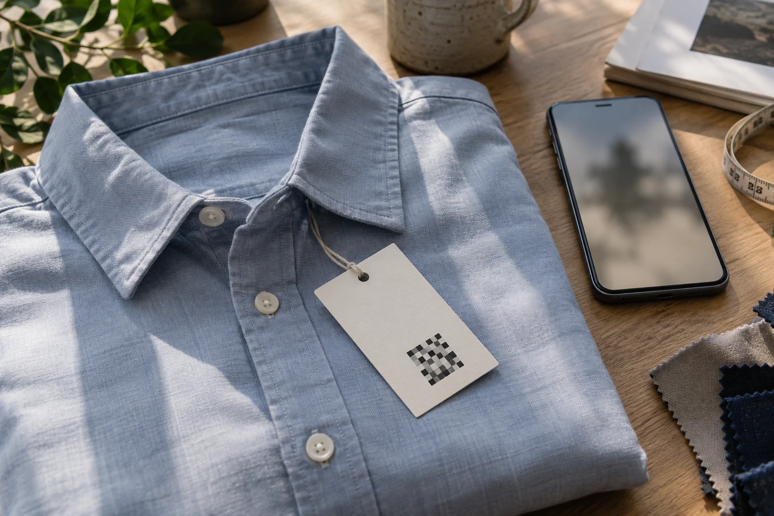 A phone beside an unbranded clothing tag and folded shirt on a worktable