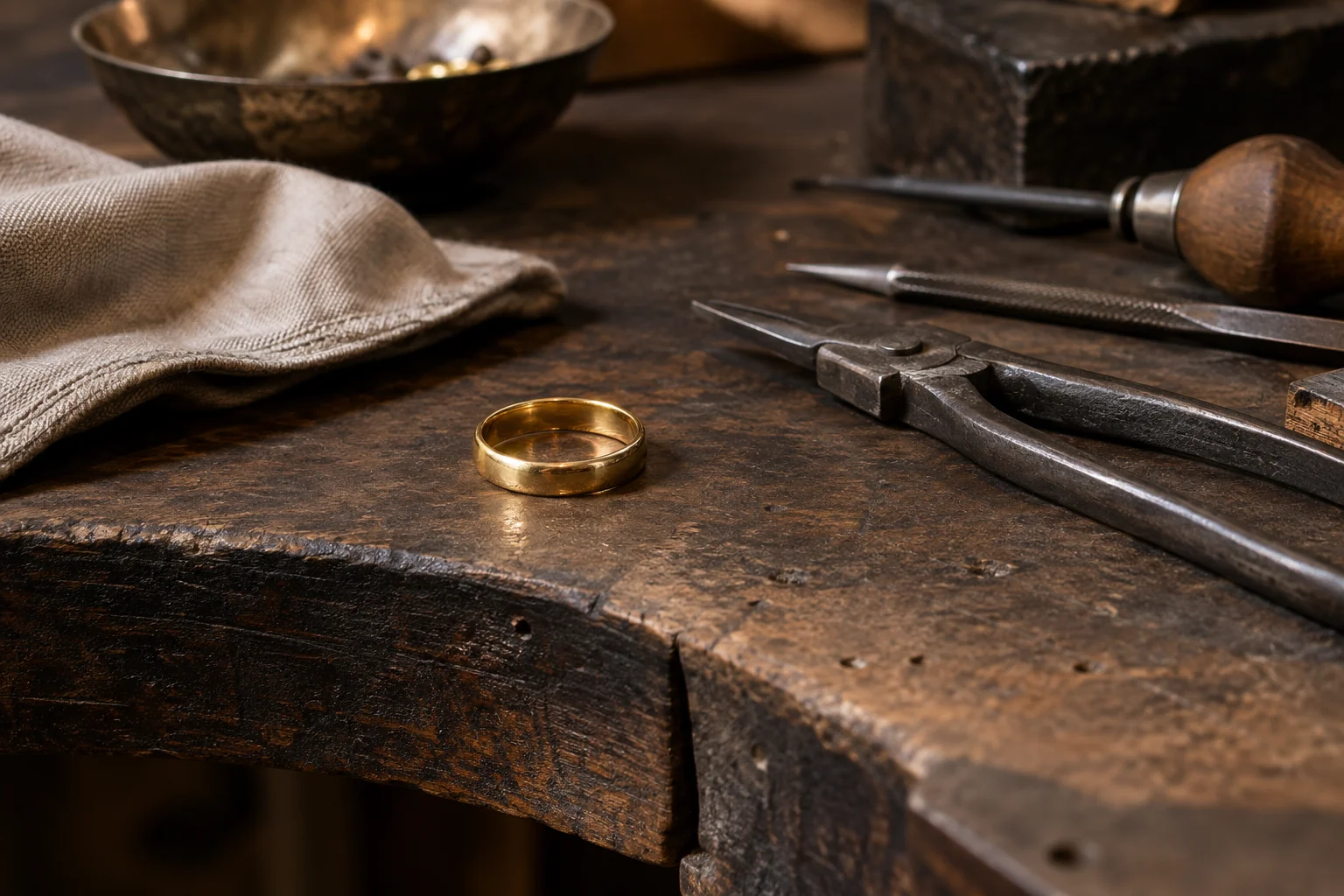 A simple gold-coloured ring and jeweller's tools on a dark wooden workbench