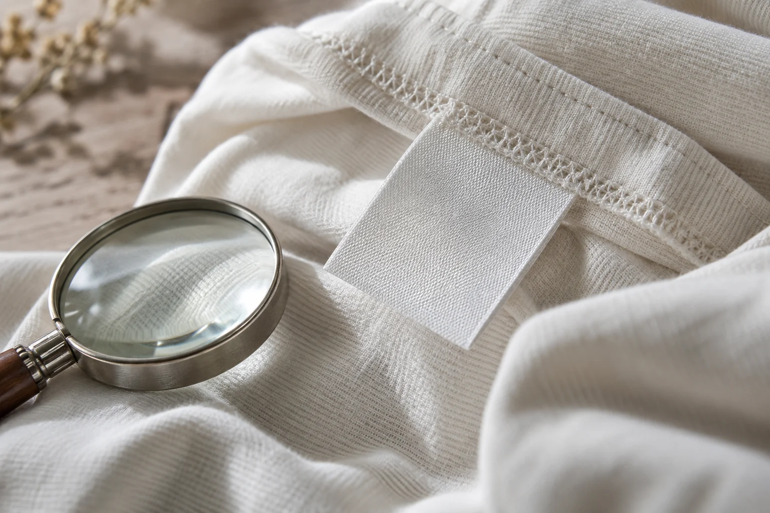 A magnifying glass beside the blank care tag of a cotton garment