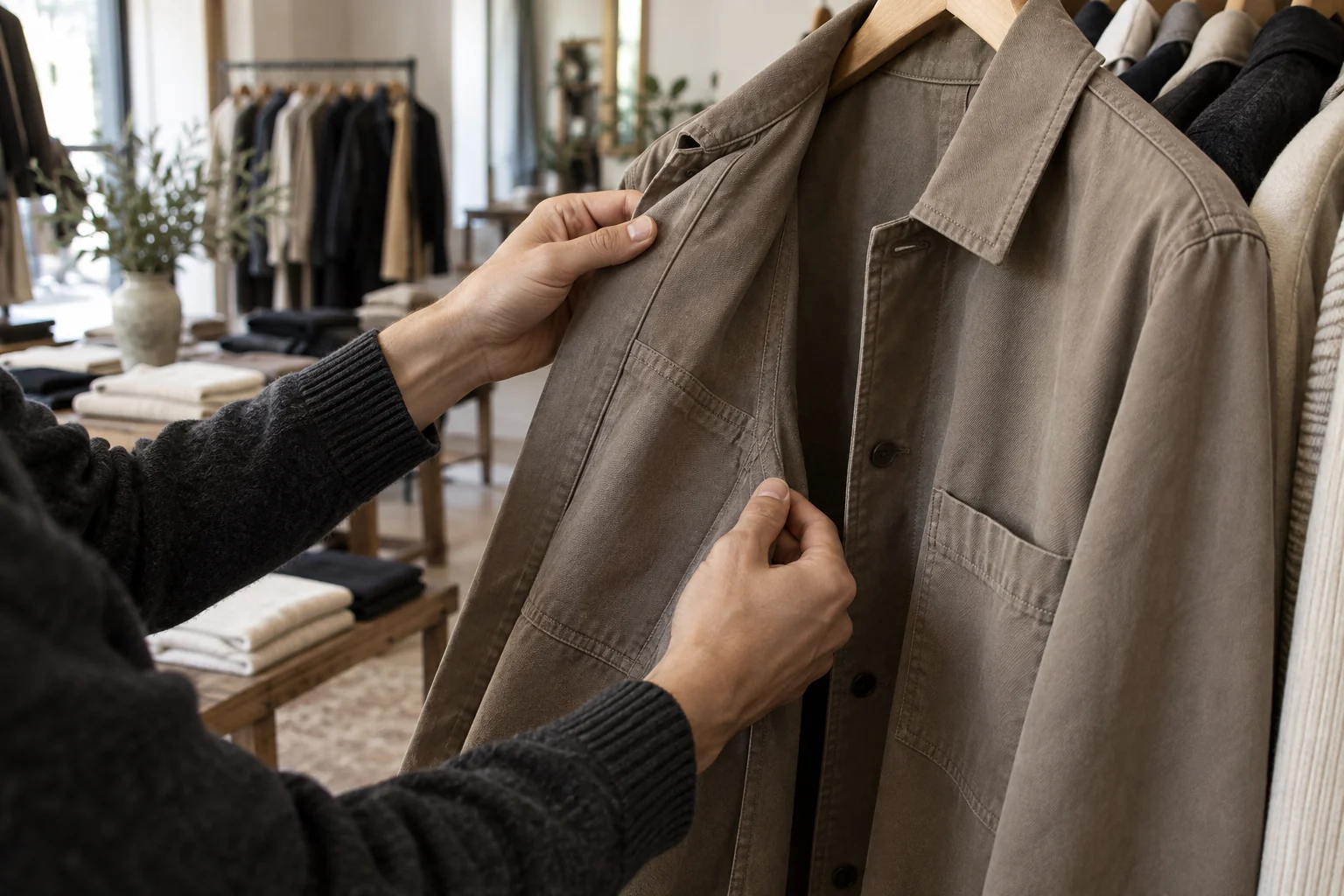 Hands examining the seam of an unbranded taupe jacket on a wooden hanger