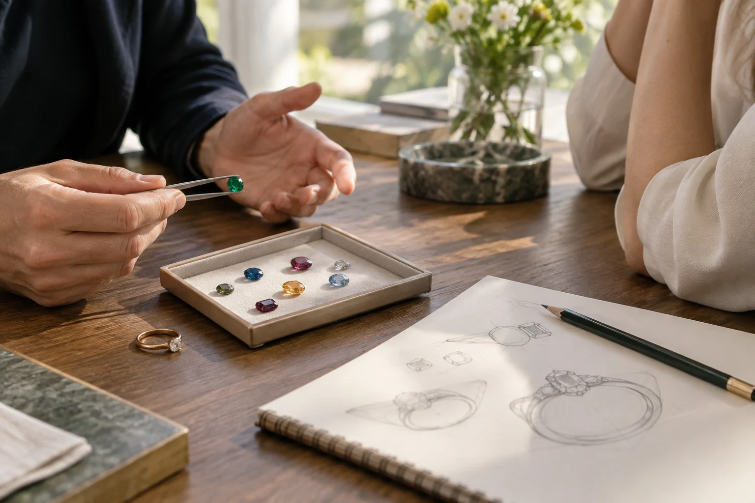 A plain ring and gemstone samples beside a jeweller's sketchbook