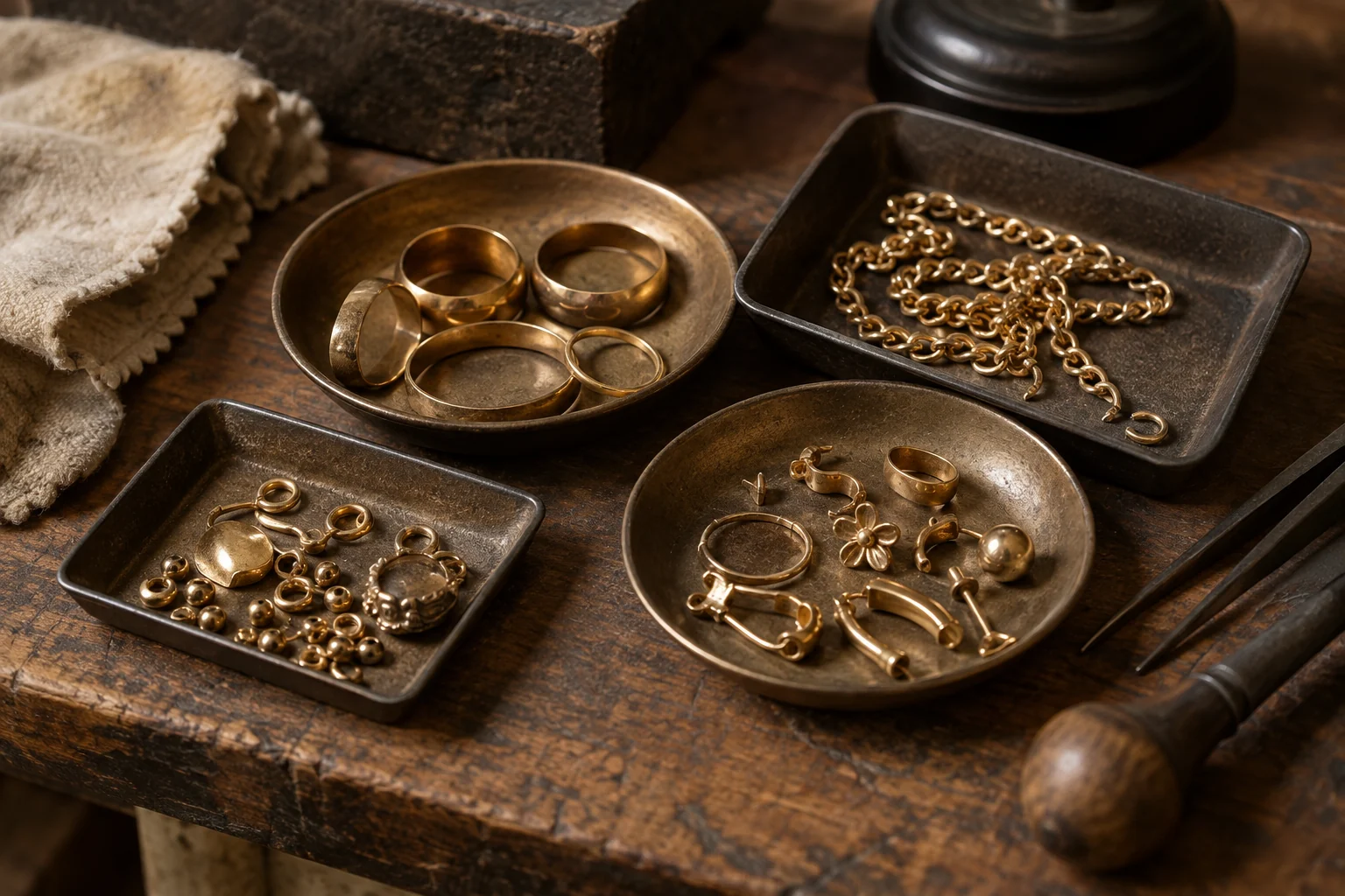 Old gold-coloured jewellery pieces sorted in small trays on a jeweller's bench