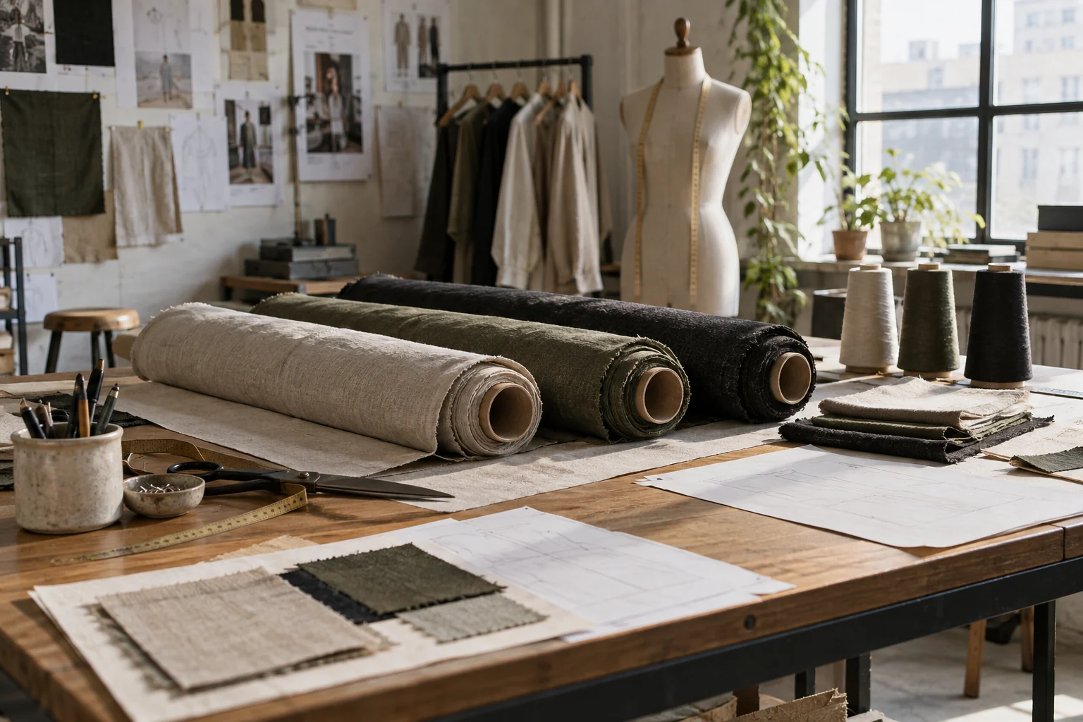 Fabric rolls and paper specification sheets on a garment studio table