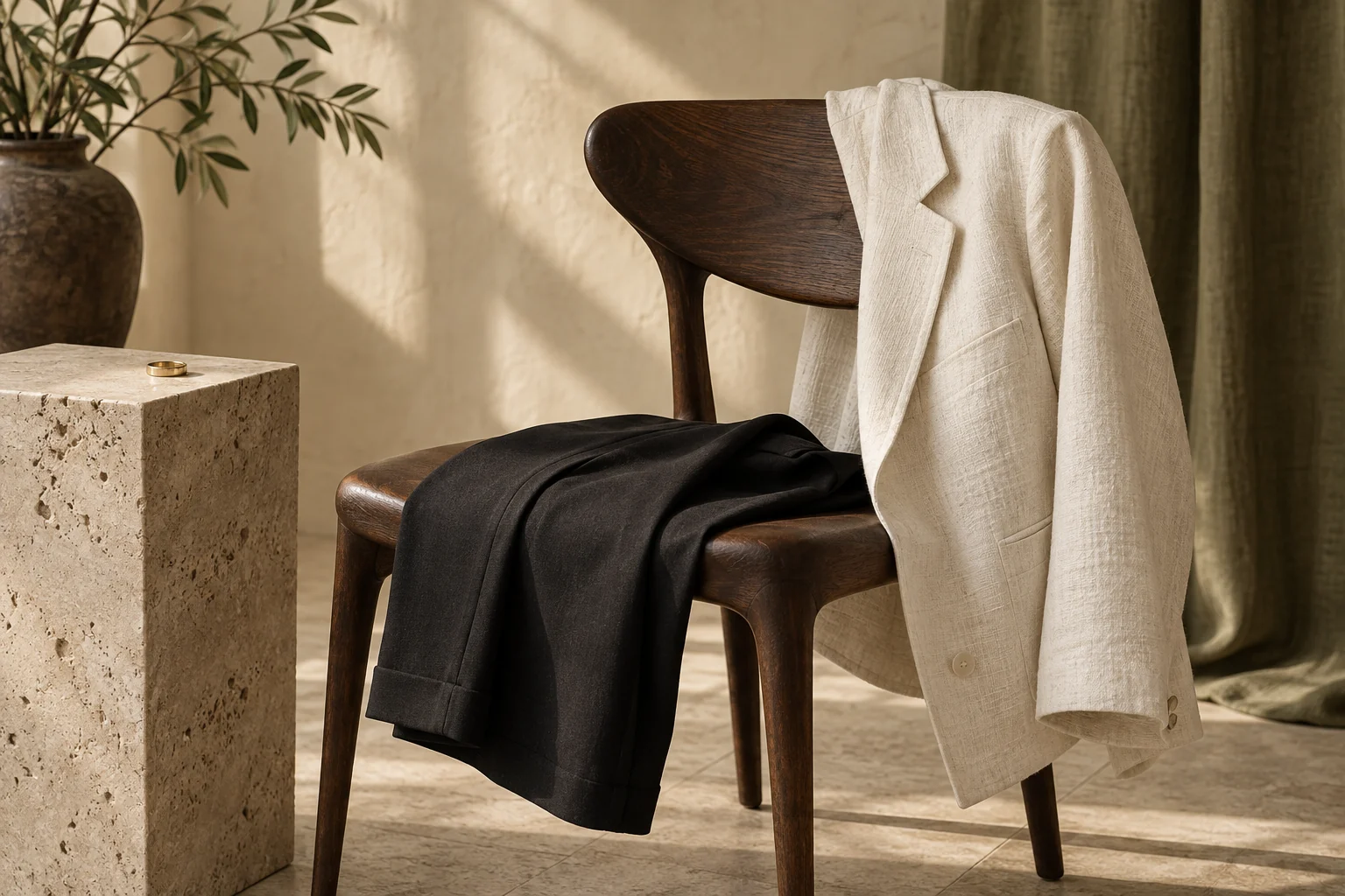 An ivory linen jacket and black trousers draped over a dark wooden chair beside a gold ring
